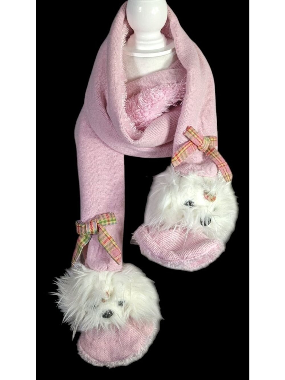 Puppy At Heart Pink Scarf With Plush Dog Accents & Plaid Bows